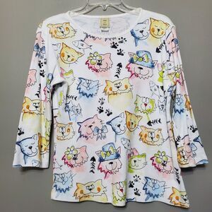 Jess And Jane Cat Medley Top Womens Size Small White Bedazzled Cotton USA
